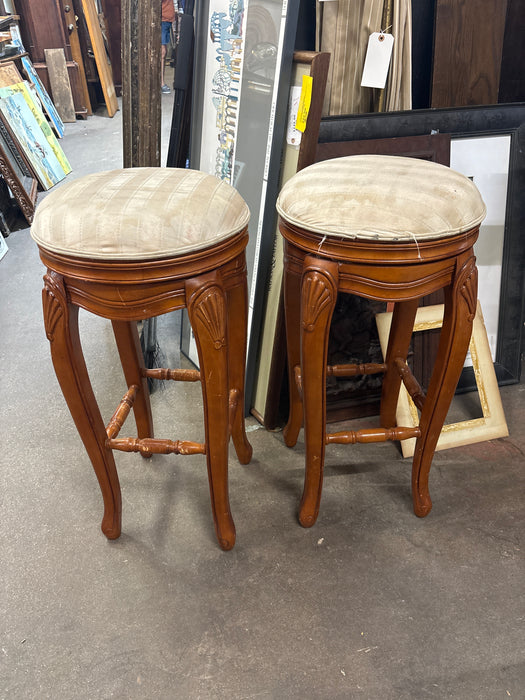 PAIR OF  SWIVEL BARSTOOLS WITH CARVED SCALLOP- AS FOUND UPHOLSTERY