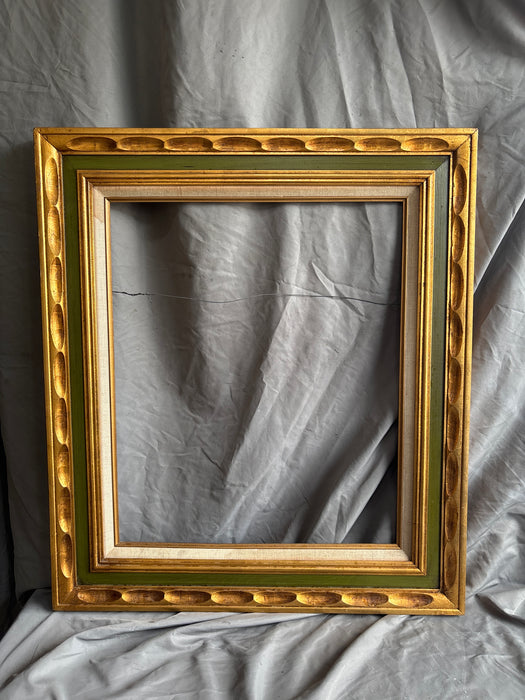 LARGE GILT RUSTIC FRAME WITH GREEN AND LINEN FILET 20”W 24”L