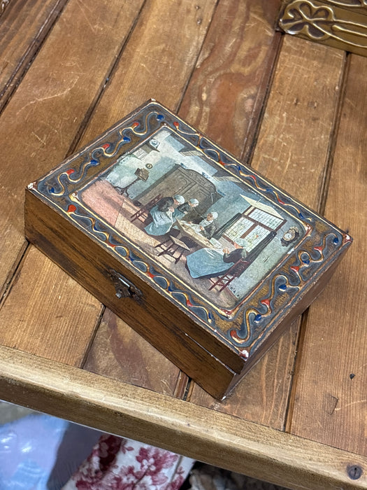 LARGE DARK GOLD, RED AND BLUE FLORENTINE BOX WITH DECOUPAGE PAINTING OF SEWING MAIDS