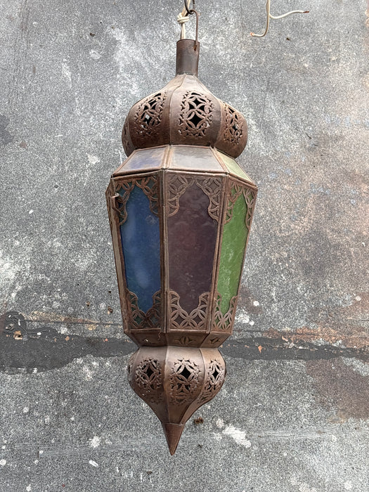 SKINNY LANTERN WITH GREEN, GOLD AND BLUE GLASS