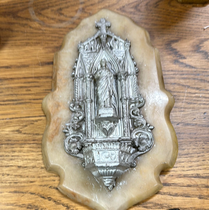 ORNATE ALABASTER AND SILVER TONE HOLY WATER FONT