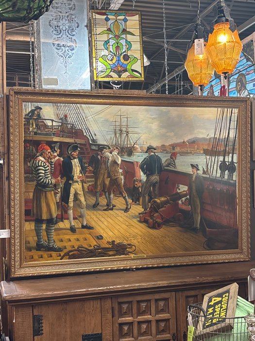 LARGE GILT FRAMED OIL PAINTING  OF A NAVY SHIP SCENE WITH THE FIRST FOOTING OF NELSON SIGNED THOMAS DAVIDSON