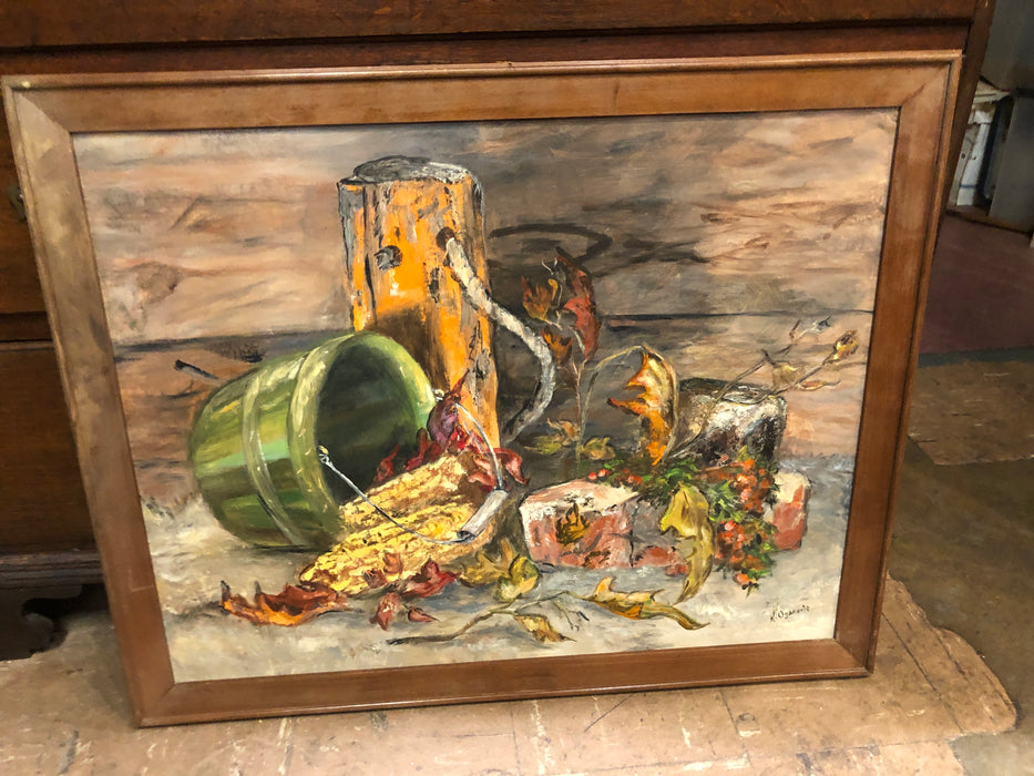 LARGE FRAMED STILL LIFE PAINTING WITH BASKET SIGNED H. ORGANOUIS