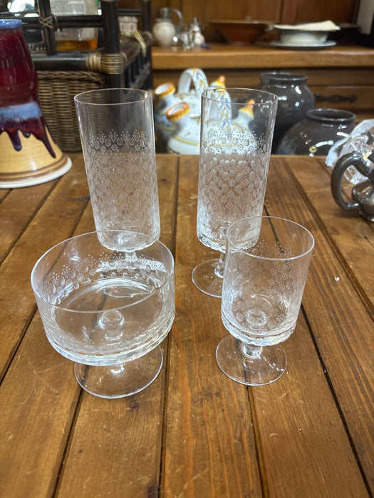 ODD SET OF 3 ETCHED STEM GLASSES