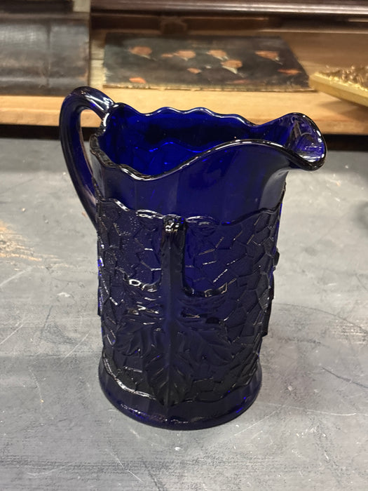 GLASS COBALT BLUE LEAF PITCHER