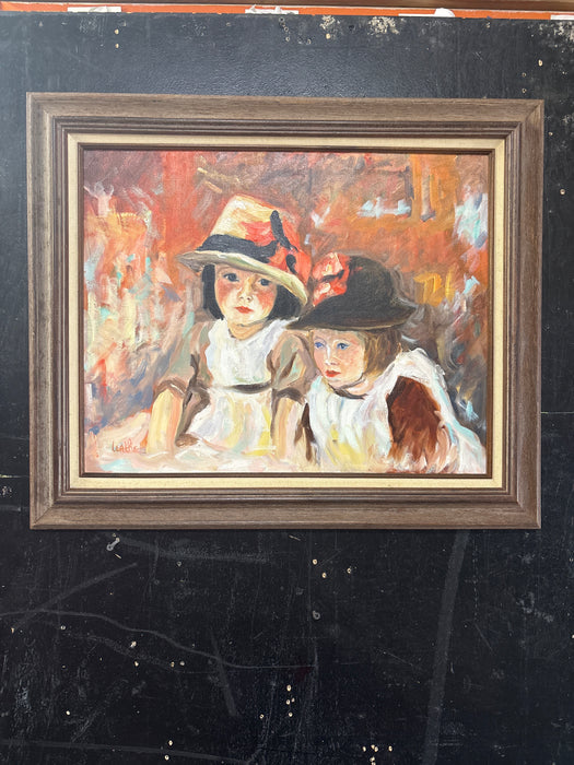 BROWN FRAMED IMPRESSIONIST PAINTING OF 2 GIRLS WITH LINEN FILET - SIGNED LEATHE