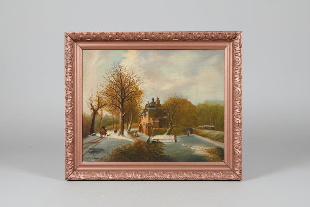 PINK FRAMED SNOW DAY OIL PAINTING - SIGNED JUL. VAN DER SIYPEN