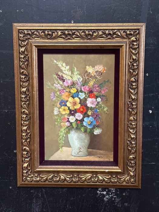 ORNATE GILT FRAMED FLORAL STILL LIFE OIL PAINTING ON PANEL WITH PURPLE FILET - SIGNED