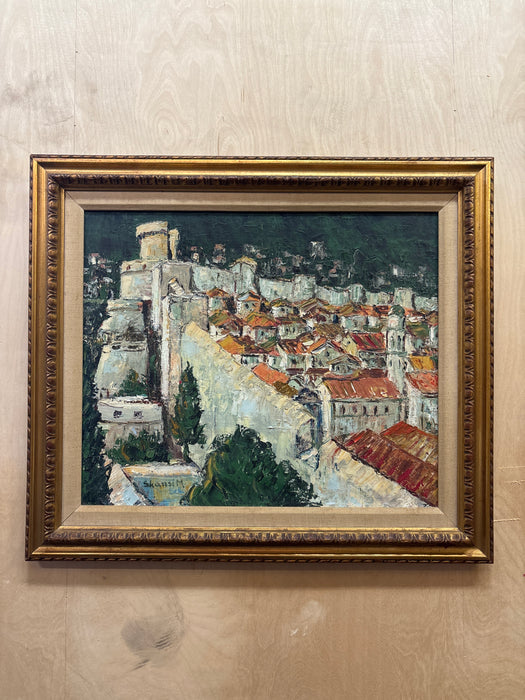 GOLD FRAMED SPANISH IMPRESSIONIST OIL PAINTING WITH LINEN FILET - SIGNED SKAZZSIM