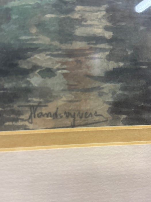 THIN GOLD METAL FRAMED COLORED PRINT OF SWANS IN CANAL - SIGNED