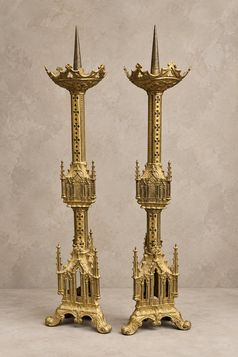 PAIR OF BRASS GOTHIC CATHEDRAL PRICKETTS