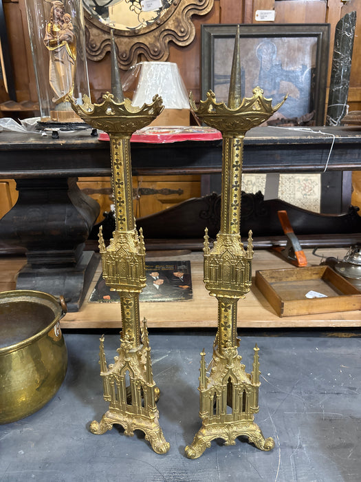 PAIR OF BRASS GOTHIC CATHEDRAL PRICKETTS