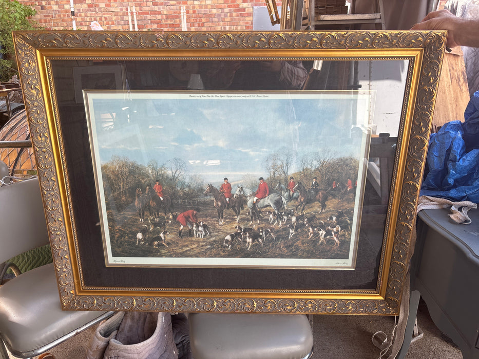 LARGE GILT FRAMED ENGLISH HUNTING PRINT WITH DOGS “AUTUMN MEETING”