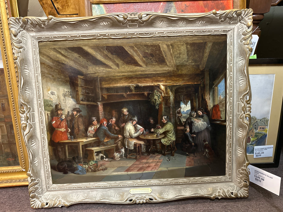 FRAMED OIL PAINTING OF A TAVERN SCENE "NEWS FROM INDIA" - SIGNED ALFRED ELMORE 1858