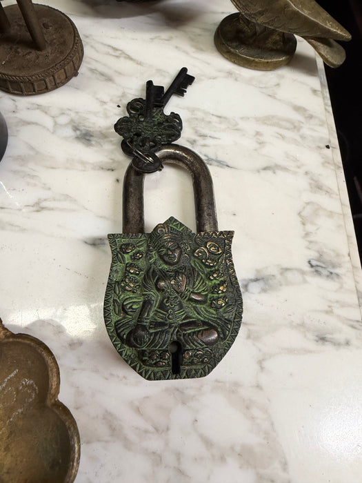 ANTIQUE BRASS PADLOCK WITH HINDU GODESS