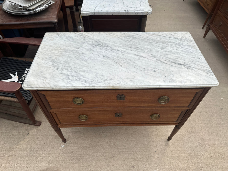 AS FOUND SMALL LOUIS XVI 2 DRAWER WHITE MARBLE TOP CHEST WITH CABLE FLUTING