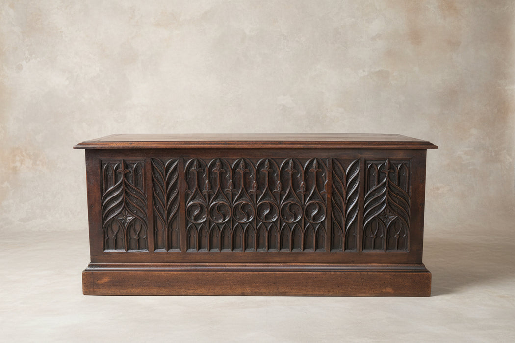 CARVED GOTHIC REVIVAL WALNUT COFFER CHEST