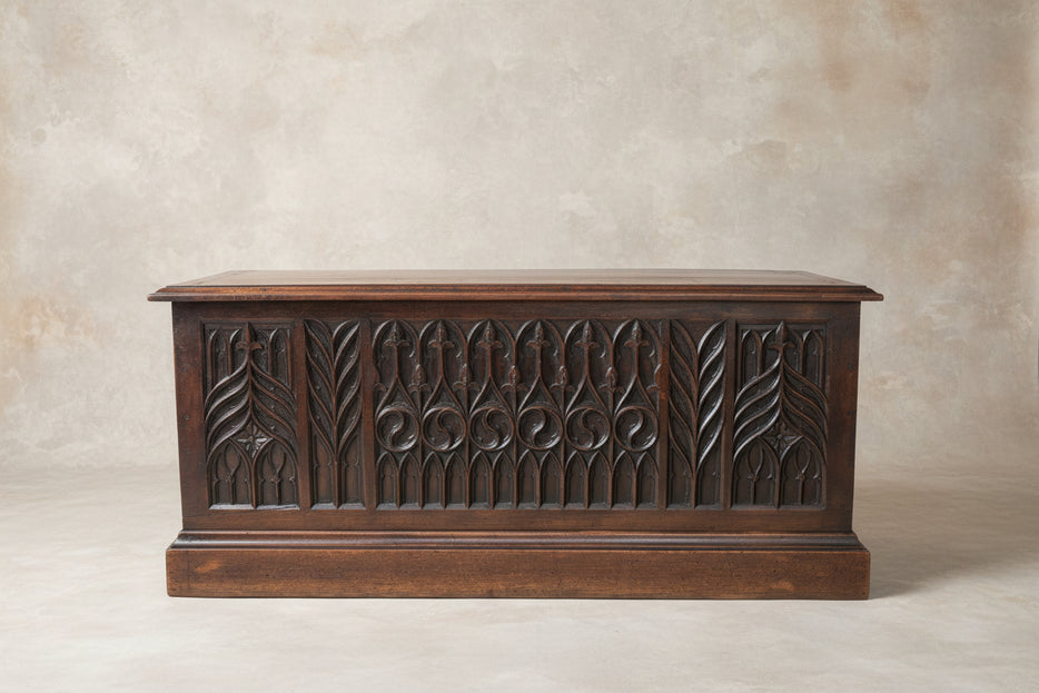 CARVED GOTHIC REVIVAL WALNUT COFFER CHEST