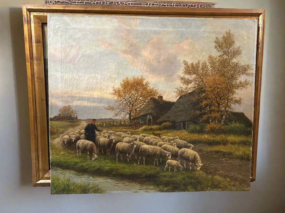 fRAMED OIL PAINTING OF A SHEPARD WITH FLOCK SIGNED H, HUEBEN