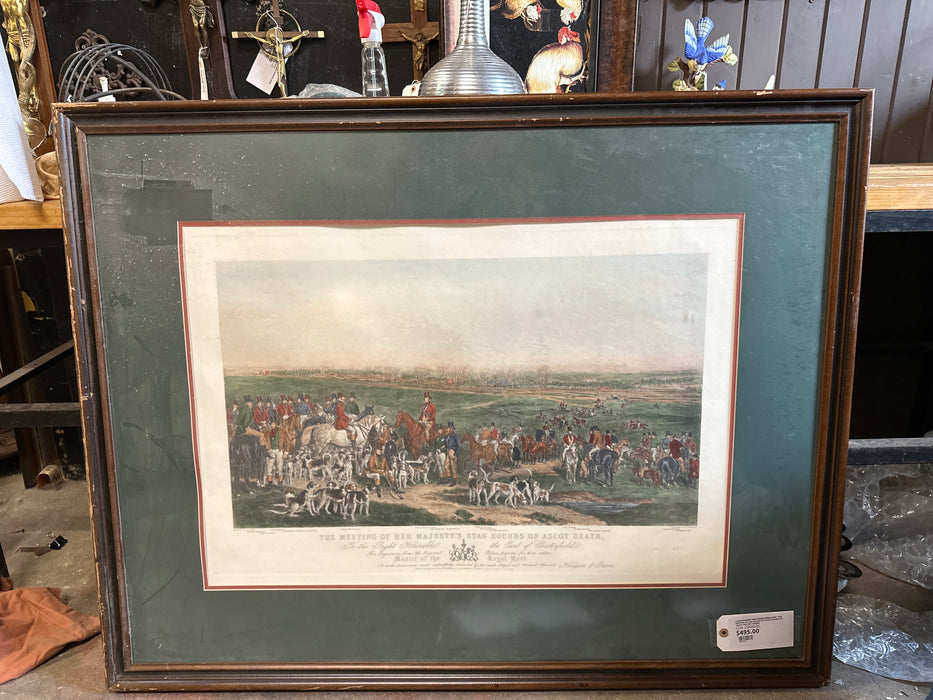 LARGE FRAMED HUNT SCENE ENGRAVING "THE MEETING OF HER MAJESTY'S STAG HOUNDS ON ASCOT HEATHE" SIGNED