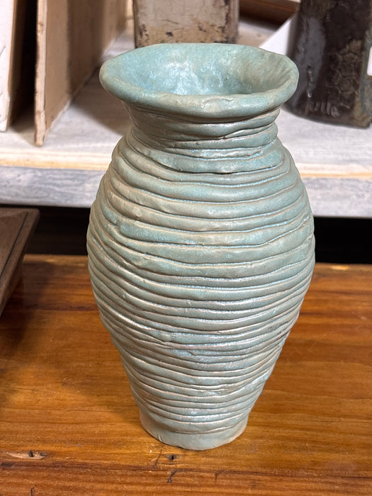 HAND THROWN BLUE RIBBED POTTERY VASE