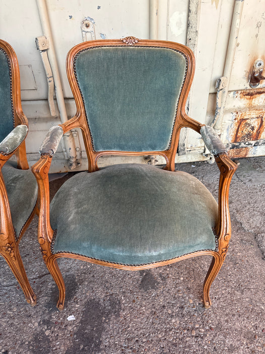 PAIR OF LOUIS XVI GREY UPHOLSTERED FAUTEUIL CHAIRS