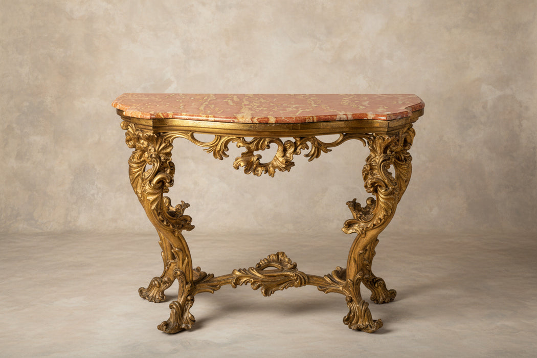CORAL COLORED MARBLE TOP GILT CONSOLE TABLE
