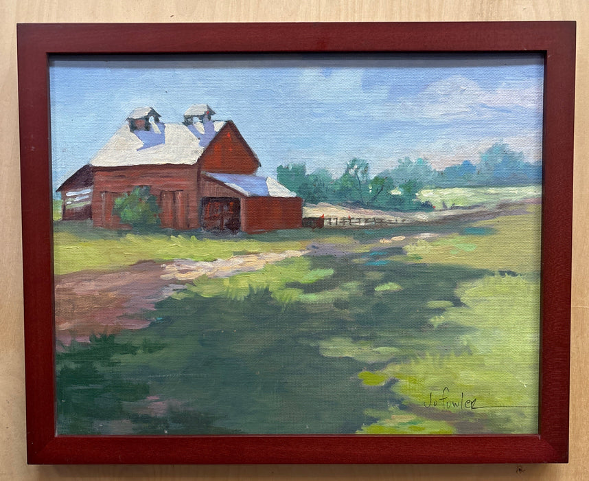 RED FRAMED OIL PAINTING OF BARN ON PANEL SIGNED JO FOWLER