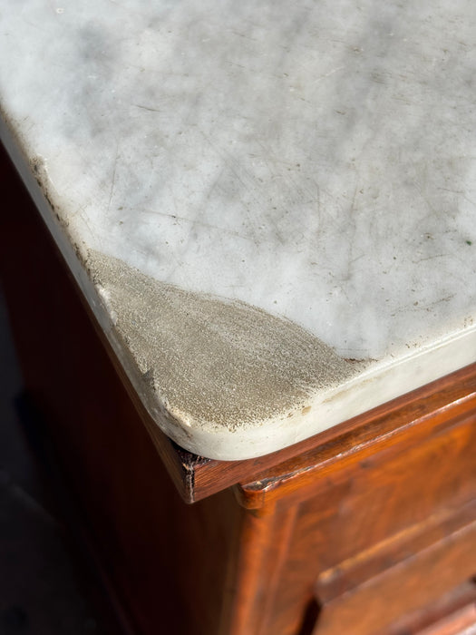 MARBLE TOP LOUIS PHILLIPE BURLED WALNUT 4 DRAWER CHEST