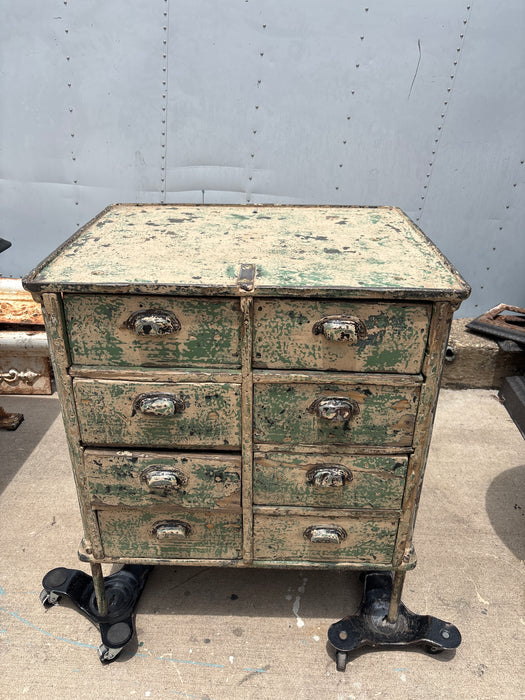 GREEN WOOD AND METAL 8 DRAWER CHEST
