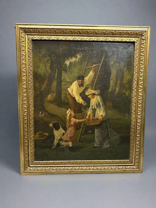 AS FOUND 19TH CENTURY OIL PAINTING OF FAMILY WITH DOG