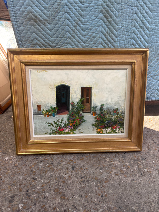 GILT FRAMED "WHITE WALL WITH FLOWERS" OIL PAINTING SIGNED BY MANES LICHTENBURG