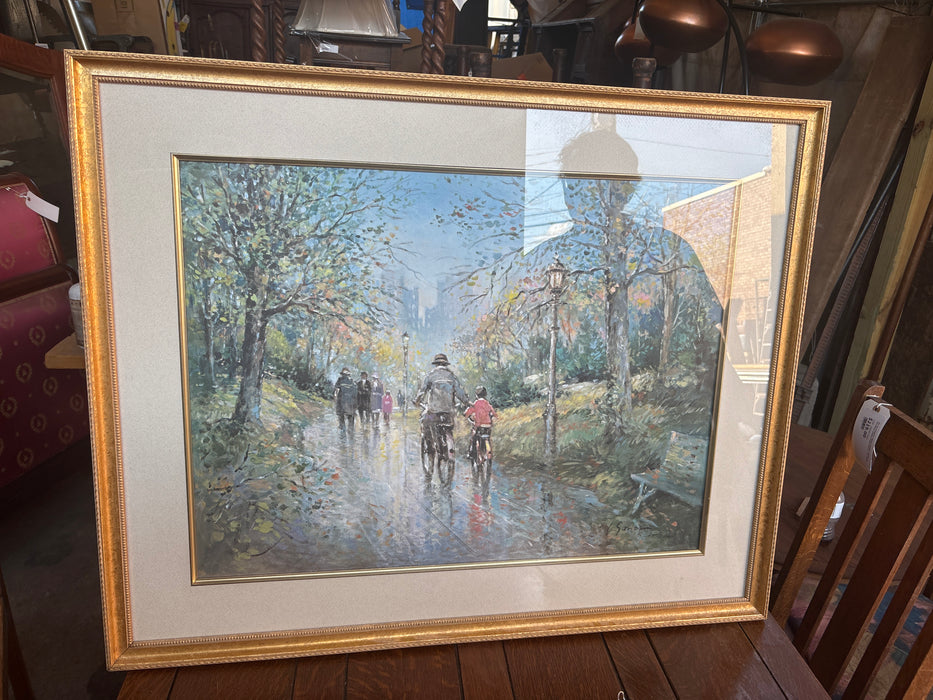 LARGE FRAMED COLORED LITHOGRAPH OF RIDE AT THE PARK - SIGNED L. GORDON