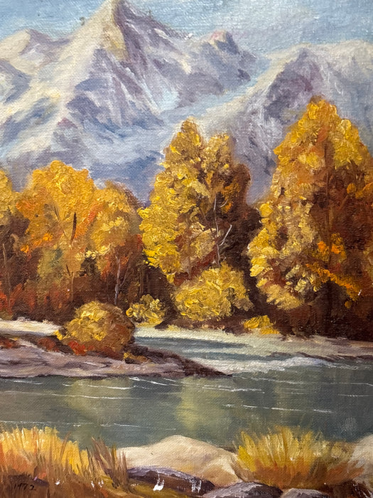 GOLD FRAMED AUTUMN MOUNTAIN SCENE WITH RIVER - SIGNED ELVORA LANSDOWNE 1972