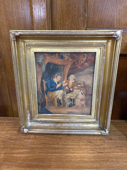 GILT FRAMED INTERIOR SCENE WATERCOLOR PAINTING WITH FAMILY