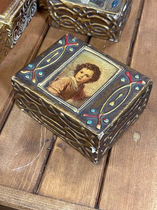 MEDIUM DARK GOLD, RED AND BLUE FLORENTINE BOX WITH PORTRAIT OF GIRL