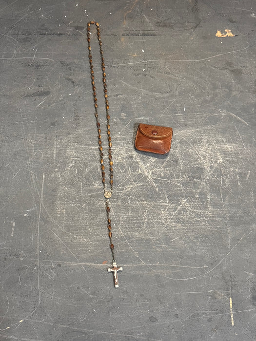 LIGHT BROWN AND SILVER ROSARY IN LEATHER CASE