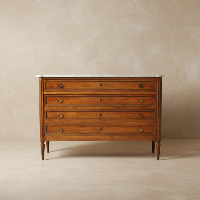 LARGE LOUIS XVI MAHOGANY WHITE MARBLE TOP CHEST
