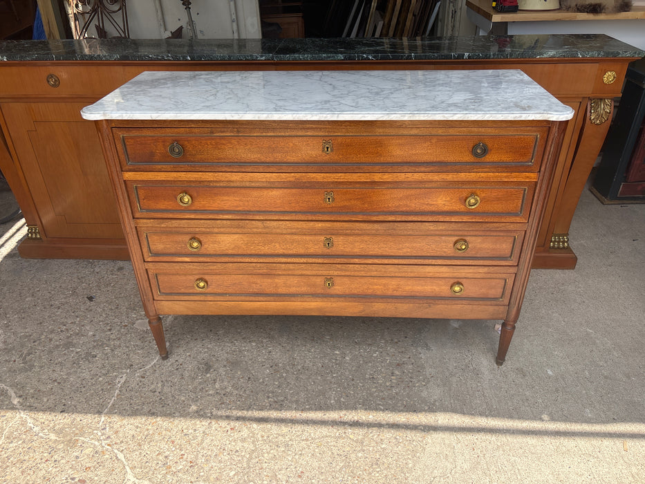 LARGE LOUIS XVI MAHOGANY WHITE MARBLE TOP CHEST