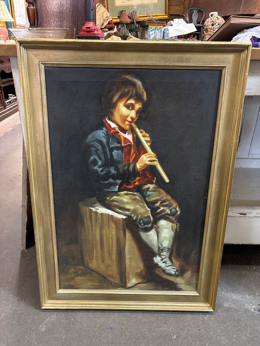 GILT FRAMED FLUTE PLAYER OIL PAINTING ON CANVAS - SIGNED