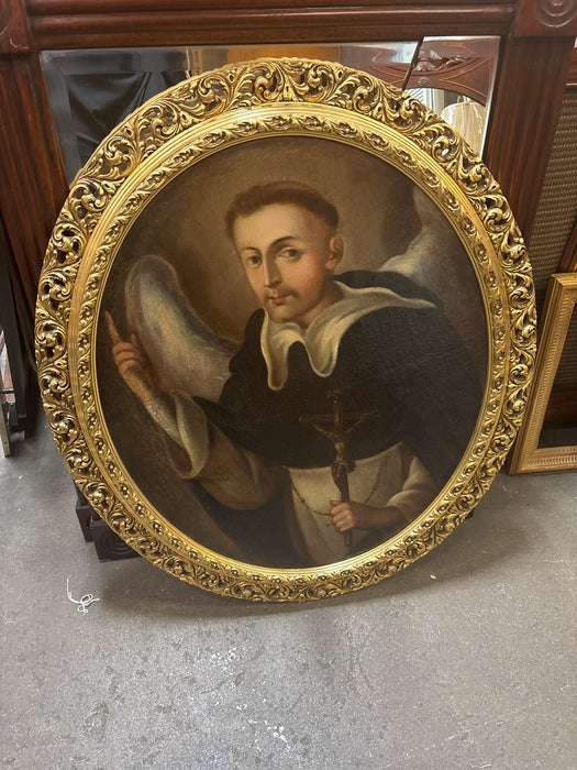 LARGE ORNATE GOLD FRAMED 18TH CENTURY OVAL OIL PAINTING OF ANGEL HOLDING CRUCIFIX