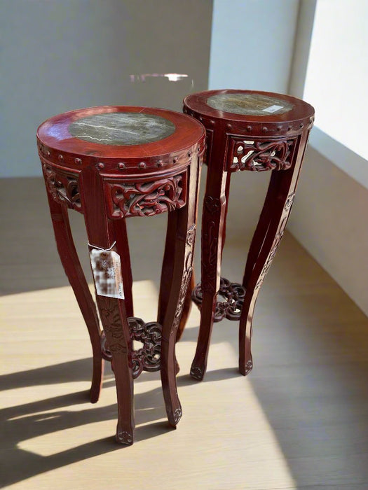 PAIR OF CHINESE MARBLE TOP TALL STANDS