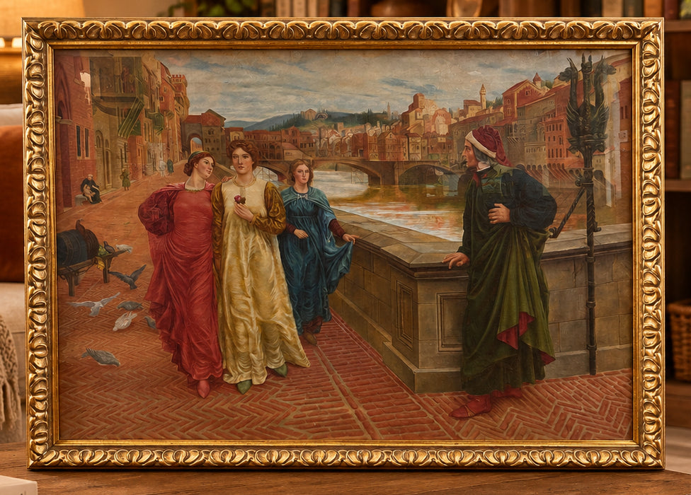 LARGE ORNATE GILT FRAMED ITALIAN STREET SCENE OIL PAINTING ON CANVAS WITH LADIES AND A GENTLEMAN BY THE CANAL