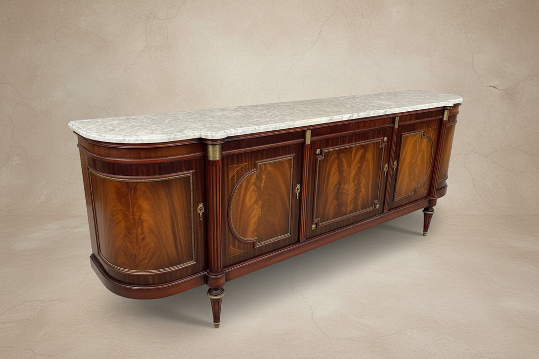 LONG LOUIS XVI WHITE MARBLE TOP MAHOGANY CURVED END SIDEBOARD