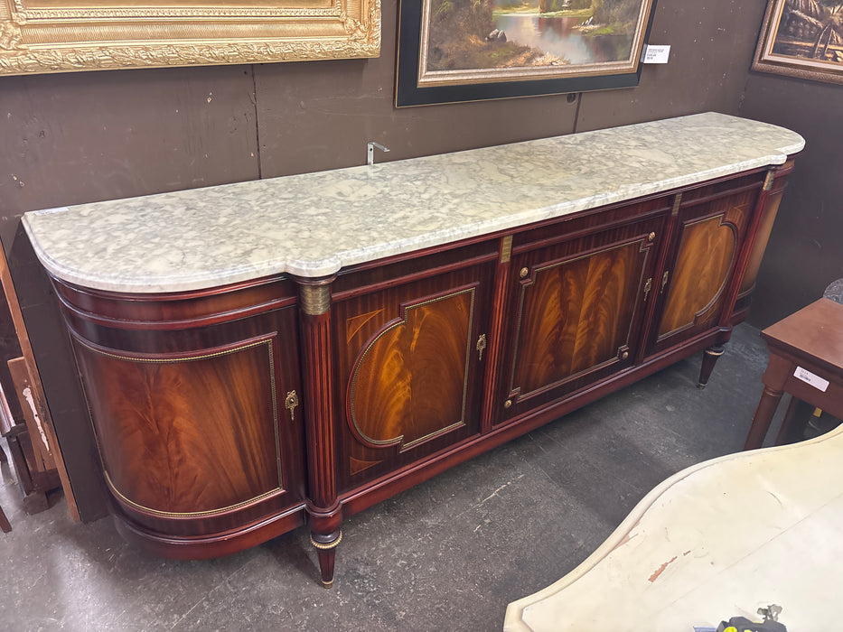 LONG LOUIS XVI WHITE MARBLE TOP MAHOGANY CURVED END SIDEBOARD