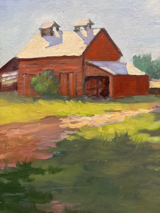RED FRAMED OIL PAINTING OF BARN ON PANEL SIGNED JO FOWLER