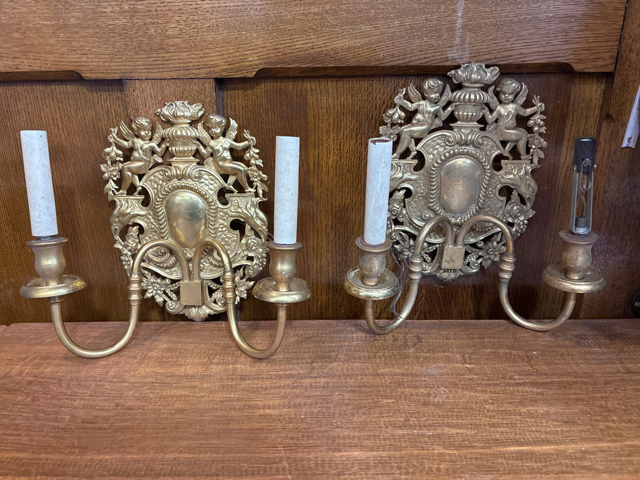 PAIR OF GOLD CANDLESTICK CHERUB SCONCES