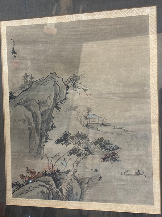WHITE BAMBOO FRAMED ASIAN PRINT OF MOUNTAIN MAN OVERLOOKING HOUSE