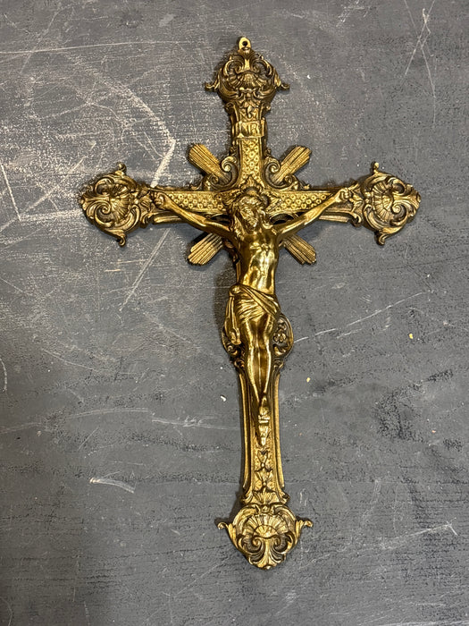 ORNATE BRASS CRUCIFIX WITH SHELL
