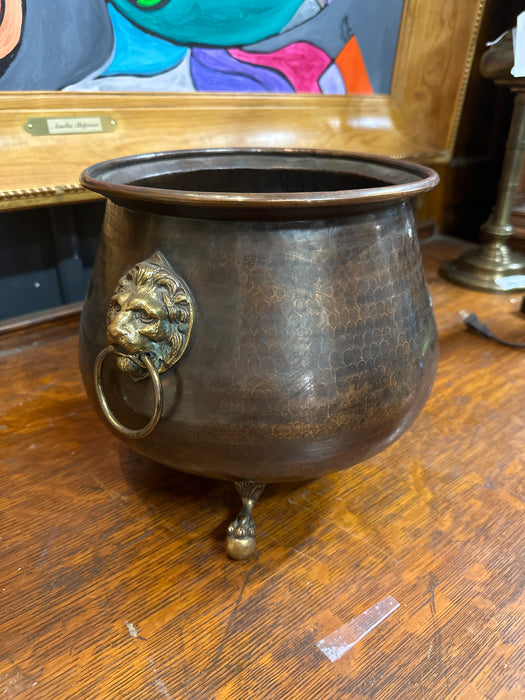 BRASS JARDINIERE WITH LION HEADS WITH THREE FEET